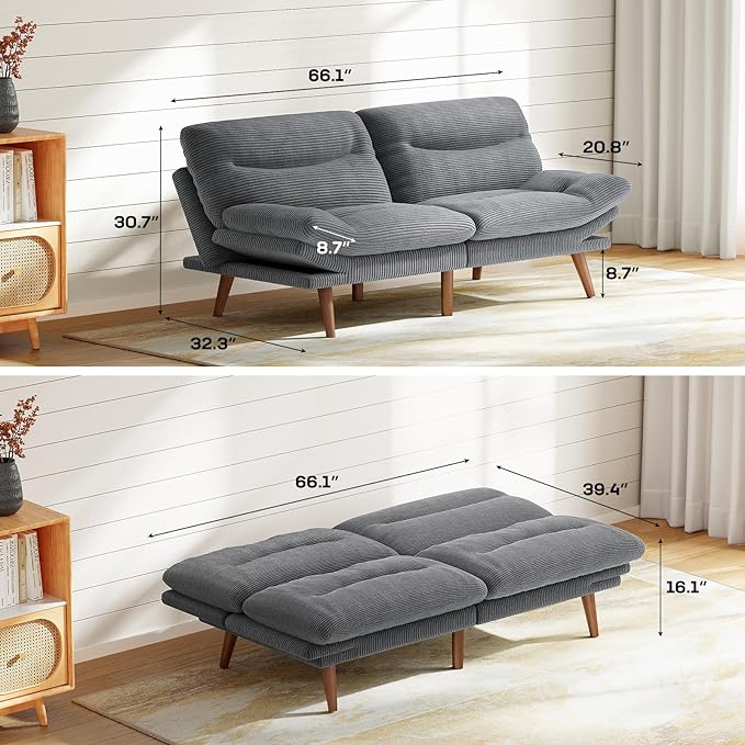 Marsail 66" Convertible Futon Sofa Bed, Corduroy Futon Loveseat Couch
