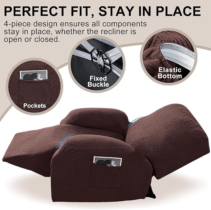 Oversized Recliner Chair Covers, 4-Piece Stretch Geometric Strokes Jacquard