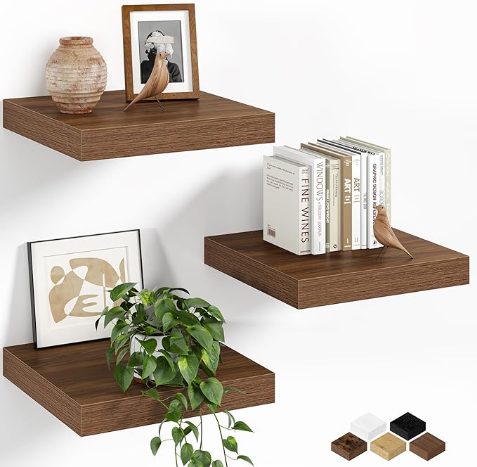 Fun Memories Floating Shelves for Wall, 12 Inch Set of 3 Rustic Wood Wall