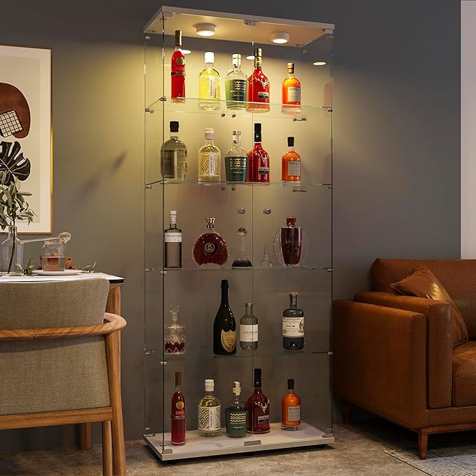 FANYUSHOW Display Cabinet with Glass Door and LED Light, 5-Tier Tempered Glass