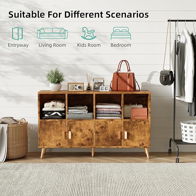 8-Cube Storage Organizer with Doors & 5 Solid Wood Legs, Mid-Century Modern