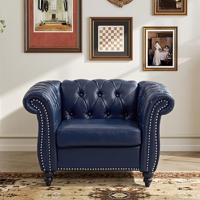 LEVNARY Chesterfield Armchair, Tufted Leather Accent Chair, Mid-Century Modern
