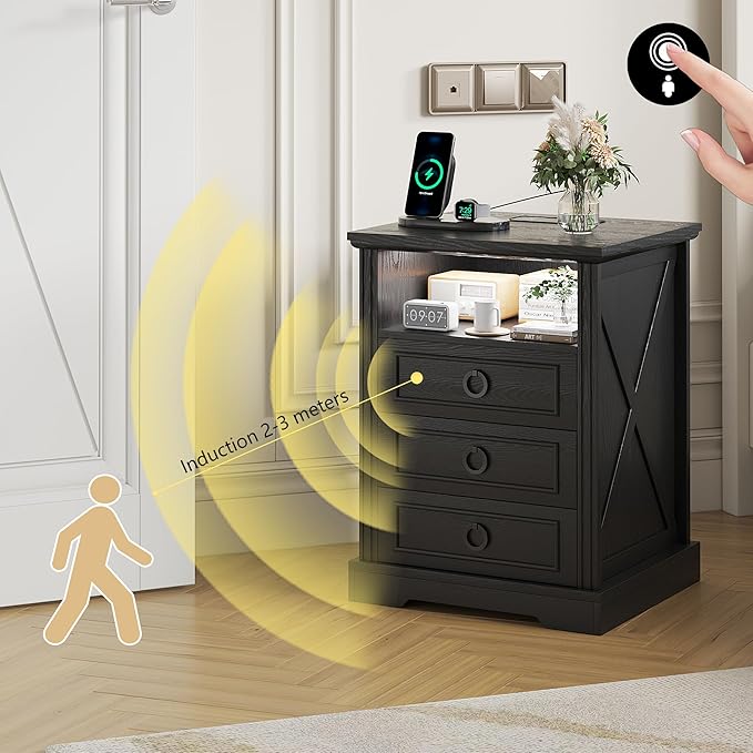 Nightstand Set 2 with Charging Station, Farmhouse End Side Table with 3 Drawers