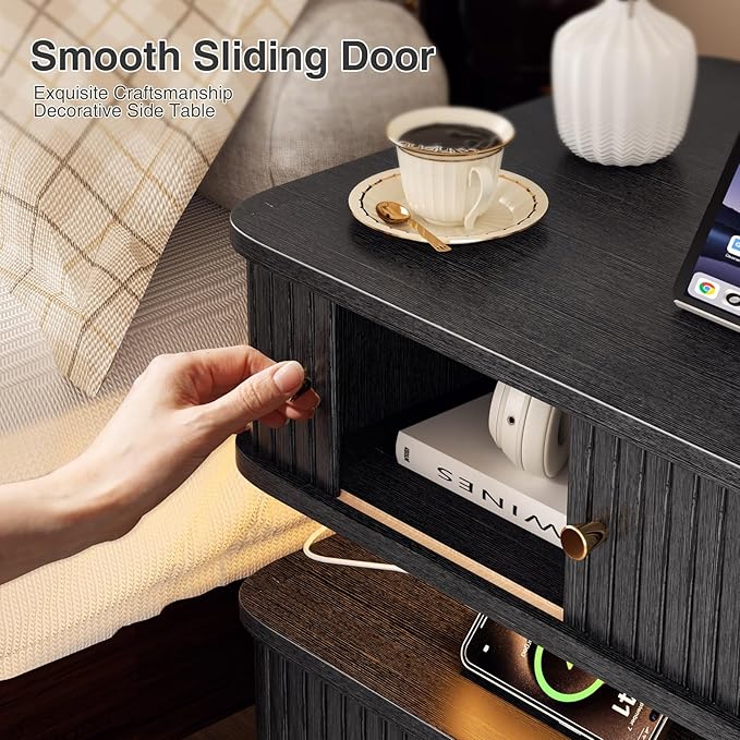 Black Nightstand with Charging Station and LED Light, Fluted Bedside Table with