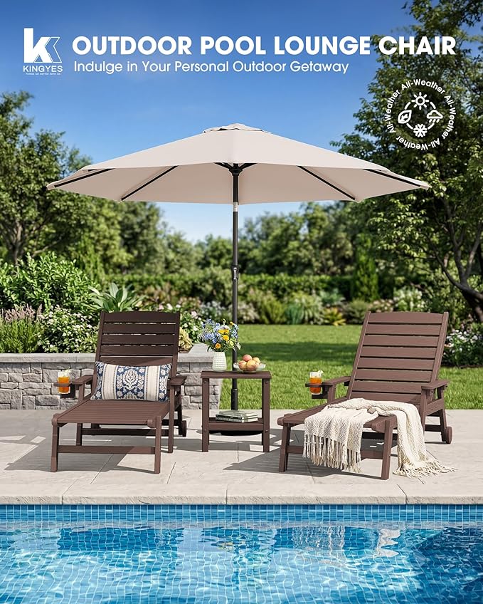 KINGYES HDPE Lounge Chair Outdoor Set of 2, Patio Chaise Lounge Recliner