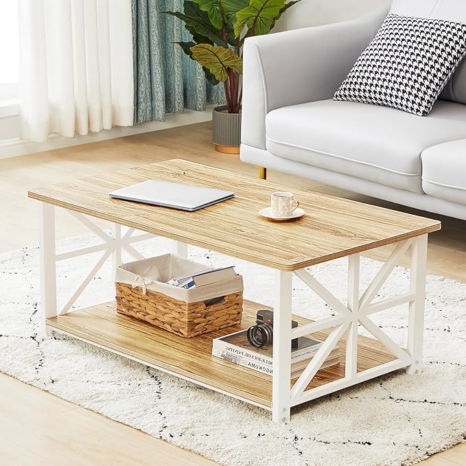 GreenForest Coffee Table with Round Corner, Farmhouse Center Table with 2-Tier