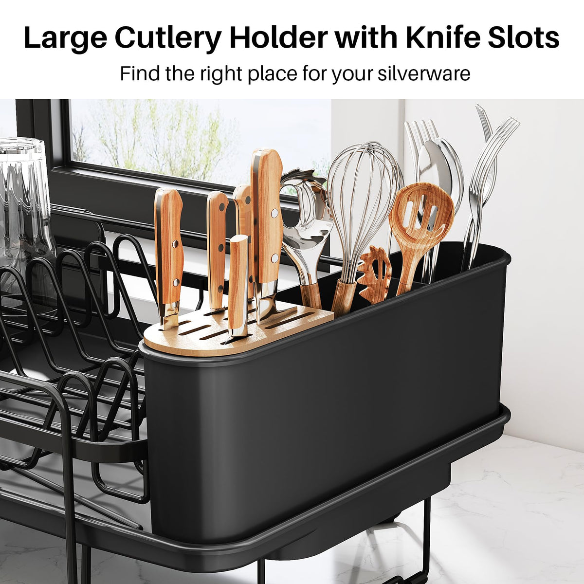 SNTD Dish Drying Rack - Large Dish Racks for Kitchen Counter, Expandable Dish Drainers with Cutlery Holder Stainless Steel Rustproof, Black