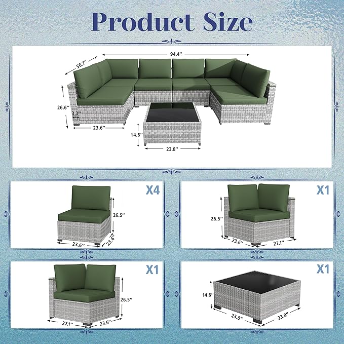 KIGOTY Patio Furniture Set, 7 Pieces Modular Outdoor Sectional Sofa, PE Rattan