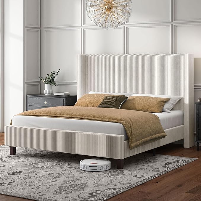 HOWE King Size Bed Frame with 50.8" Tall Wingback Headboard, Modern Corduroy