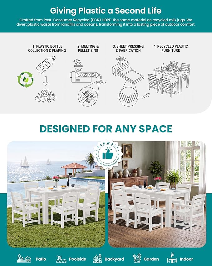 SERWALL HDPE Dining Set for 6: 1 Umbrella Hole Table, 4 Armless + 2 Armchairs.