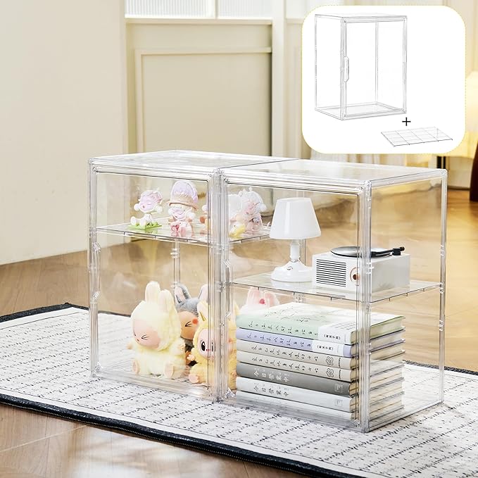 Acrylic Display Case, 2 Tier Clear Plastic Stackable Storage Bins