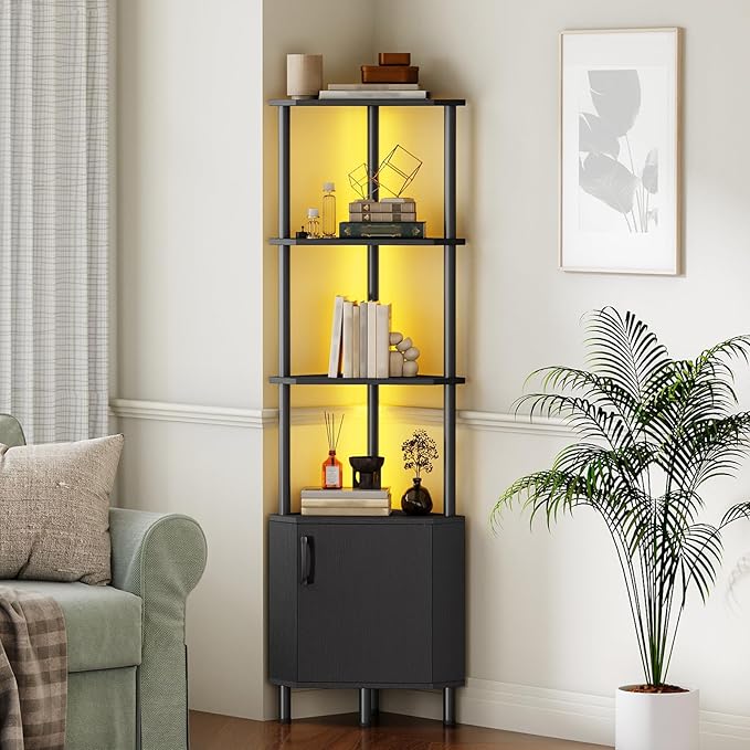 HOOBRO Corner Cabinet with LED Light, Corner Shelf Stand with Storage and Doors