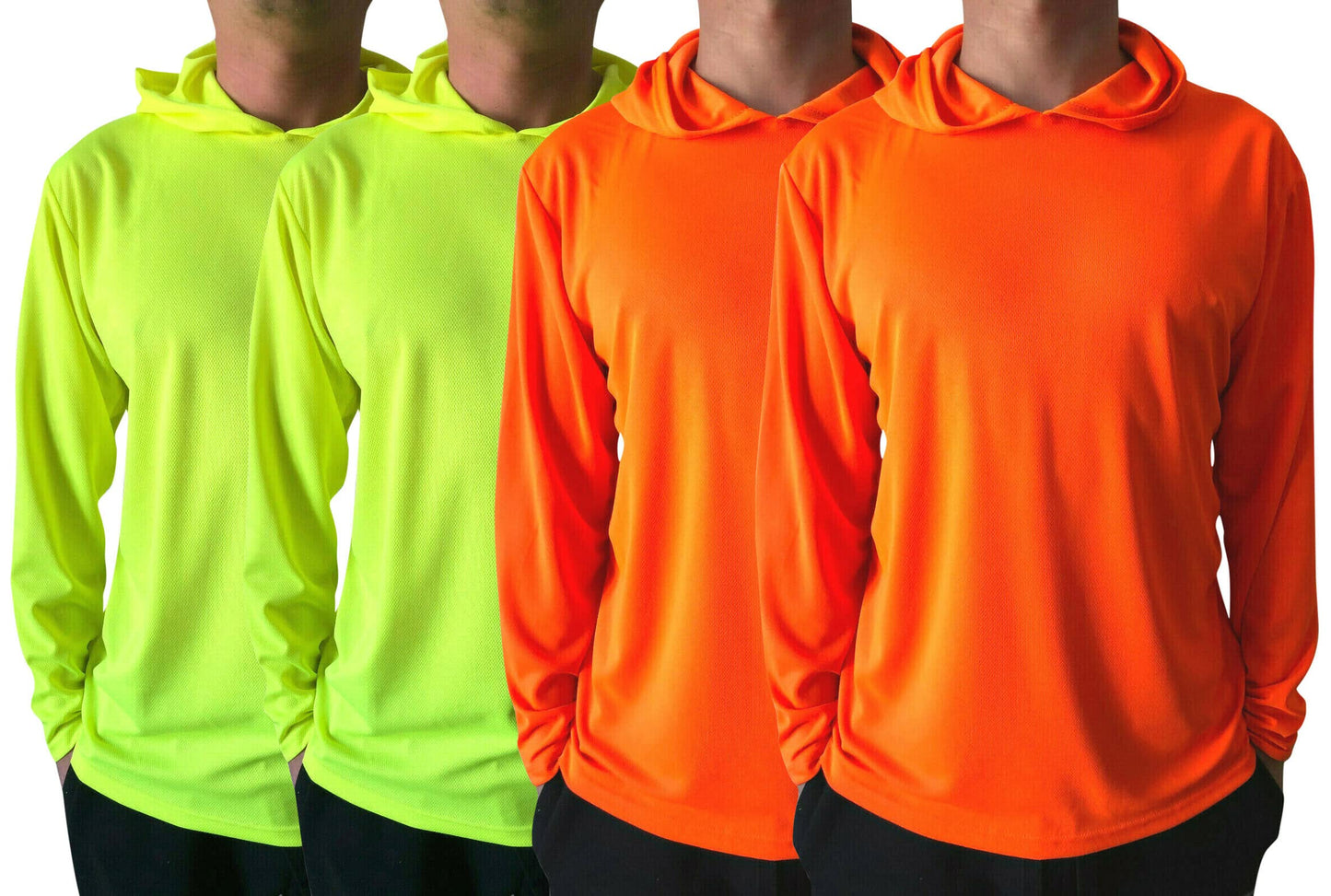 Men UPF 50+ Sun Protection Breathable T Shirt Long Sleeve Workout T-Shirts with Hood (4Pcs Mix (2 Neon Yellow/2 Neon Orange) M)
