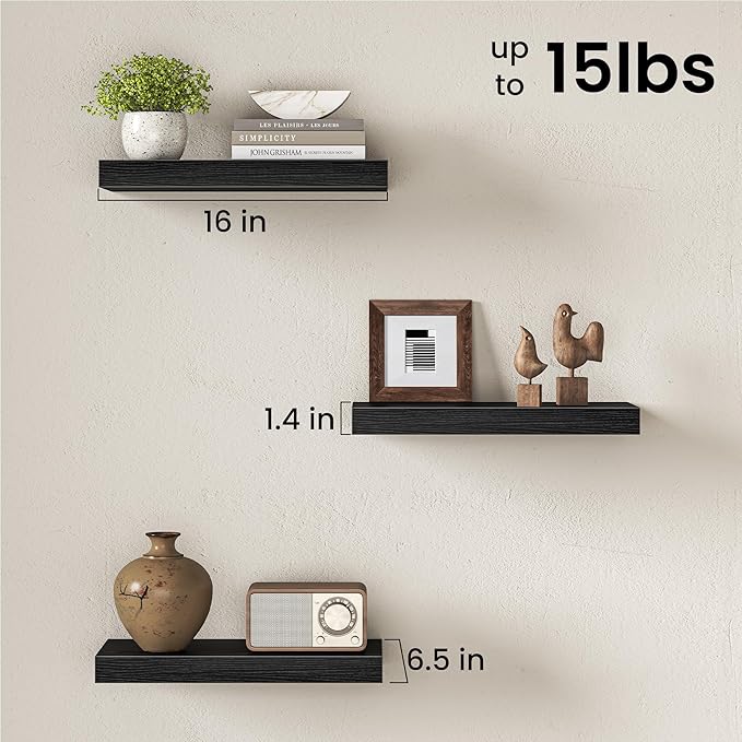 Fun Memories 16 Inch Floating Shelves Wall-Mounted, Engineered Wood Wall Shelves