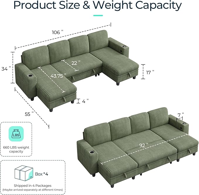 LINSY HOME Sectional Sleeper Sofa Pull Out Couches