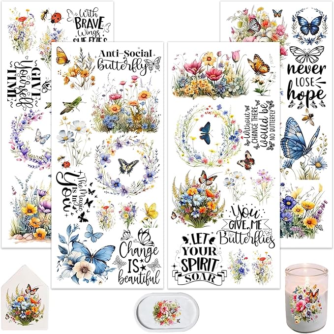 4 Sheets Rub on Transfers for Crafts, Flowers and Butterflies Furniture