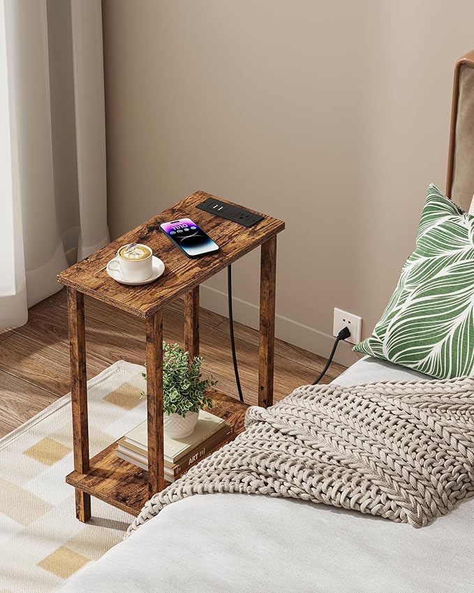 TUTOTAK Small End Table with Charging Station, Narrow Side Table with USB Ports