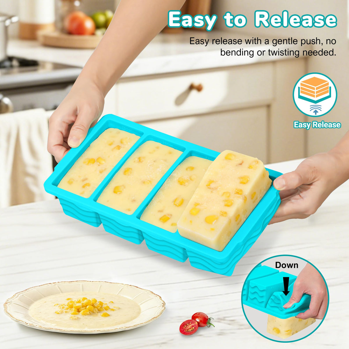 Silicone Freezer Trays with Lid (4-Pack), 1-Cup, 2-Cup, 1/2-Cup & 2-Tbsp Silicone Freezer Molds, Stackable Soup Freezer Meal Prep Containers,Ice Cube Tray for Making Sauce,Smoothies,Yogurt Bites