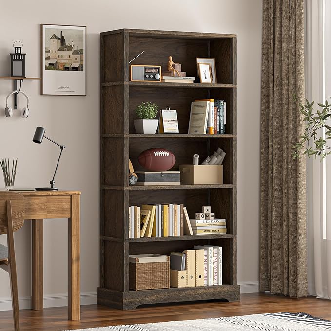 TVU 5-Tier Solid Wood Book Shelf, Floor Standing Bookcase, Farmhouse Style Book