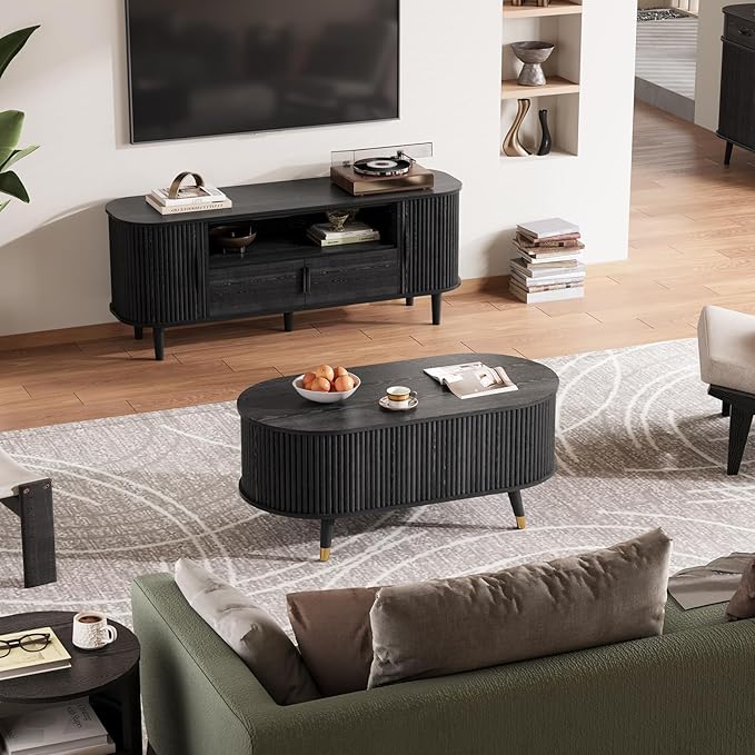 SULIVES Oval Coffee Table with Storage, Small Fluted Center Table