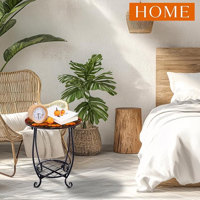 Cinnvoice Outdoor Side Table Round Small Mosaic Patio Accent Indoor End Plant