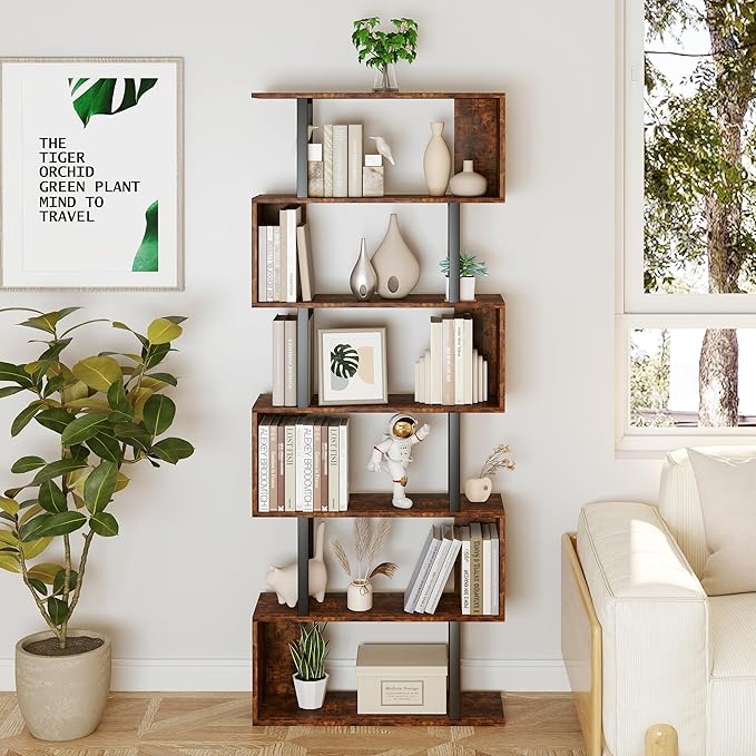 Yusong Geometric Bookcase, S Shaped Bookshelf 6-Tier Book Shelves