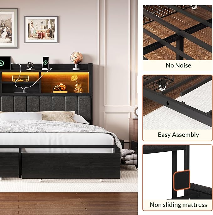 LARMACE King Bed Frame with 6 Storage Drawers, Bed Frame King Size with Linen