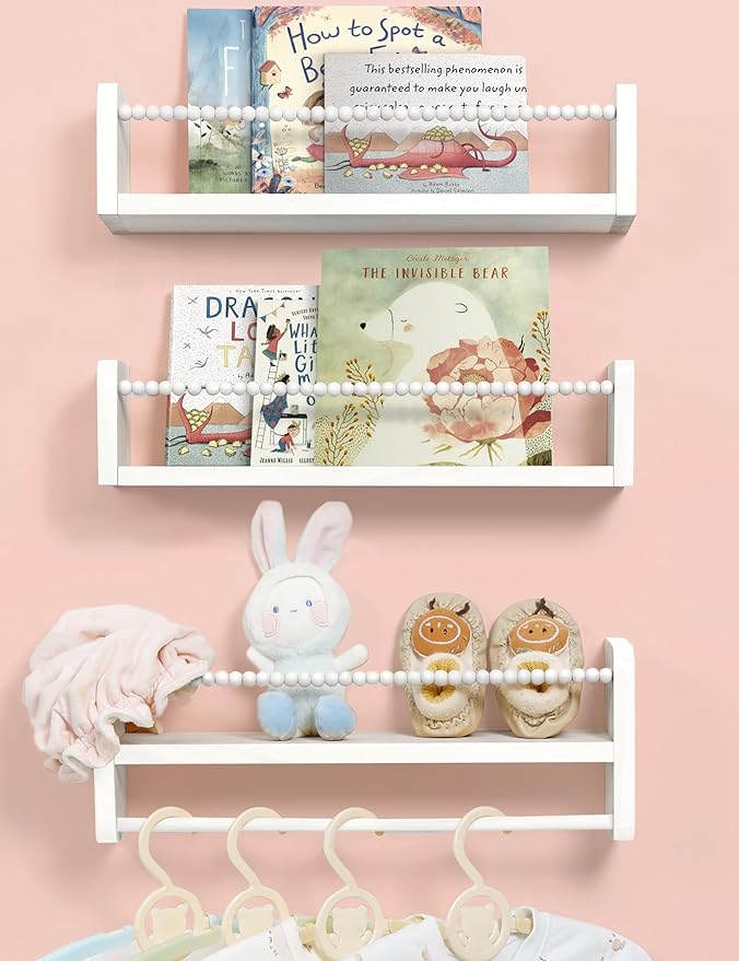 Maxpeuvon Nursery Bookshelves Set of 3, Natural Wood Nursery Floating Shelves