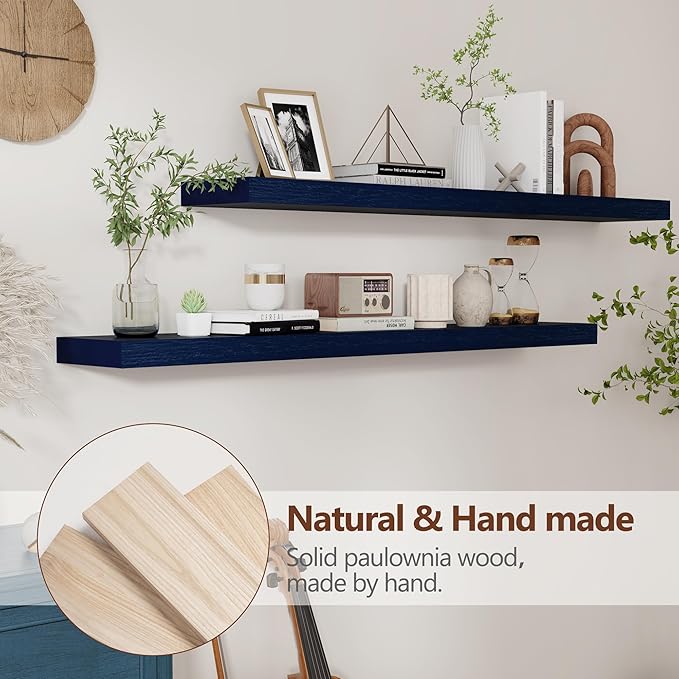fuqing Dark Blue Floating Shelves 48 Inch, Solid Wooden Wall Shelves Set of 2