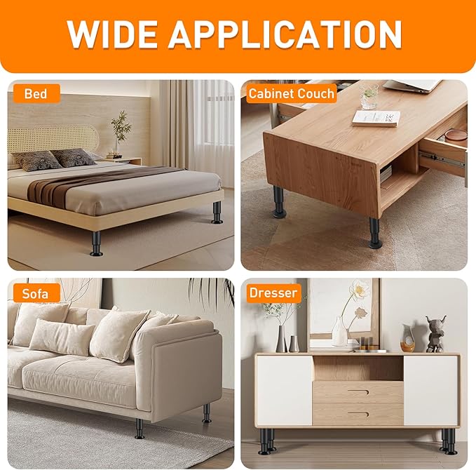 4 Pcs Adjustable Height Furniture Support Legs 10-17 inch, Metal Adjustable