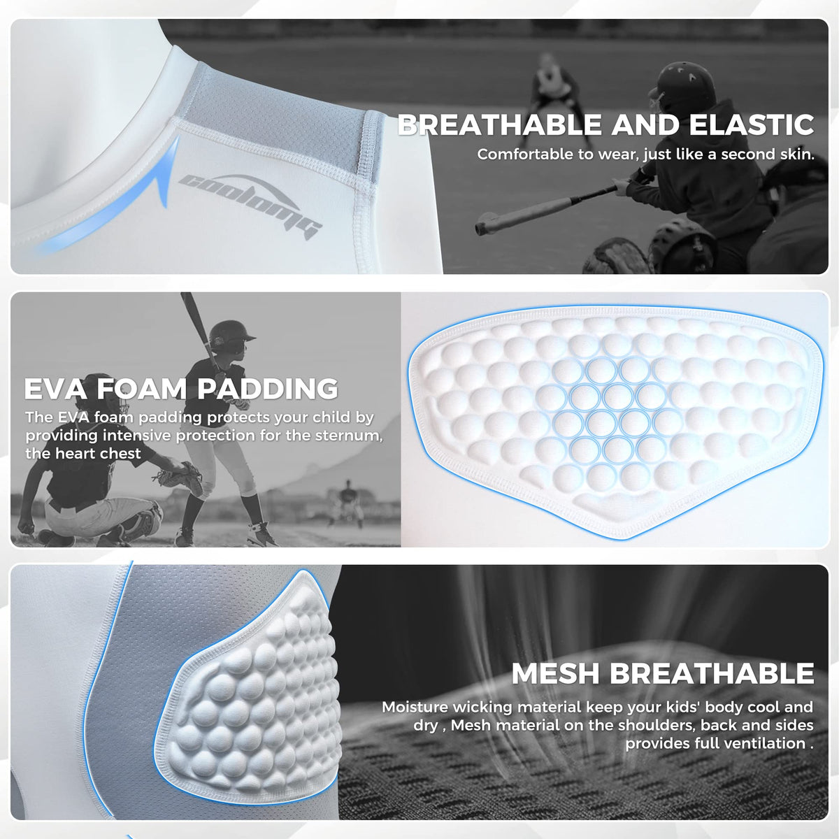 COOLOMG Youth Baseball Padded Shirt Kids Chest Protector Rib Heart Guard Sternum Protection for Football Softball Lacrosse Rugby White M