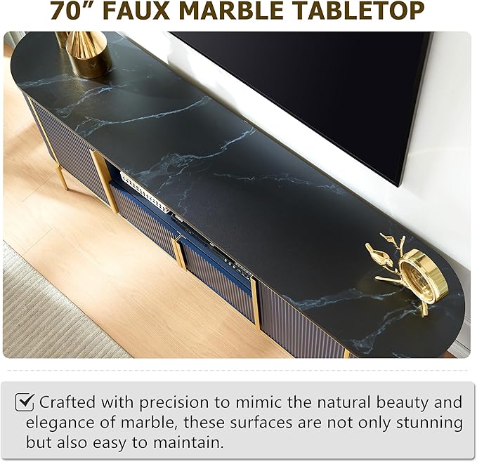 OKD 70" Fluted TV Stand with Storage, Faux Marble Top Entertainment Center