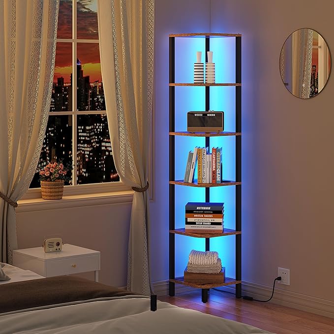 TUTOTAK Corner Shelf with LED Light, 6-Tier Corner Bookshelf