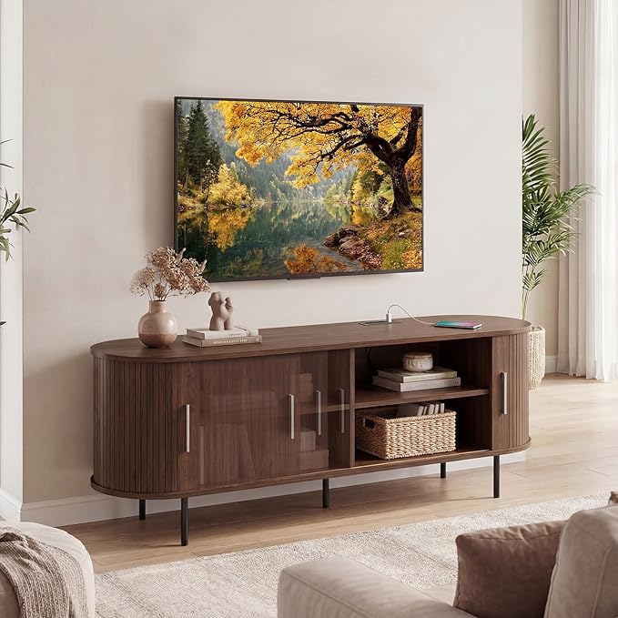 Tangkula Fluted TV Stand for TVs up to 60”, Mid Century Curved Entertainment