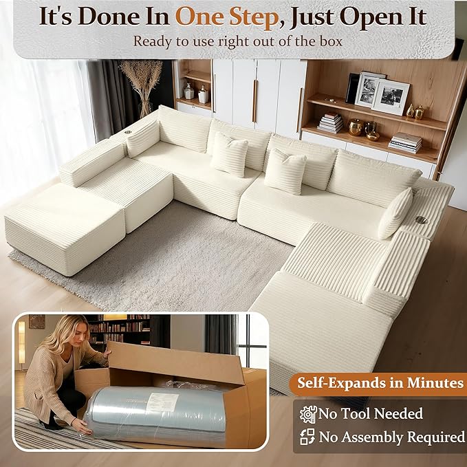 138" Cloud Sectional Couch, Comfort U Shaped Sofa