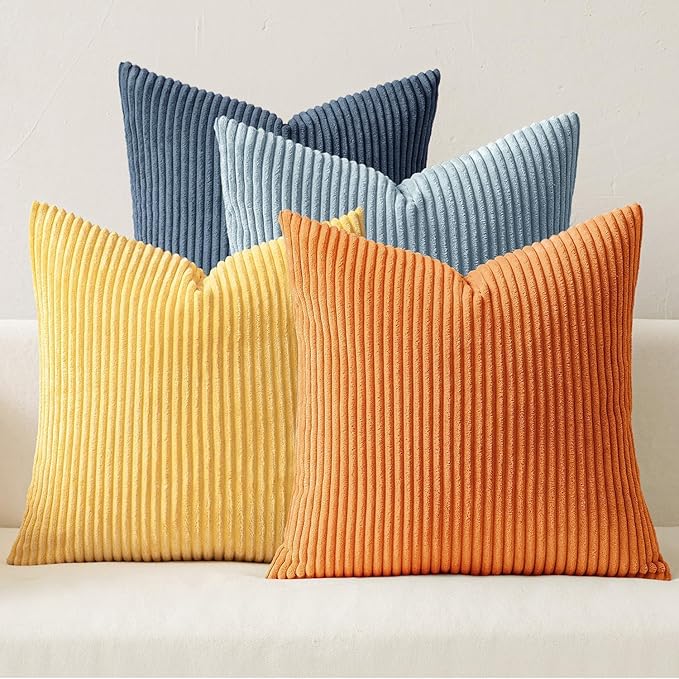 MIULEE Pack of 4 Blue-Orange Corduroy Decorative Throw Pillow Covers 20x20 Inch