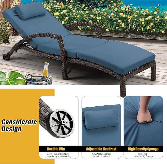 HOMREST Chaise Lounge Chairs Set of 2, PE Rattan Wicker Patio Lounge Chair
