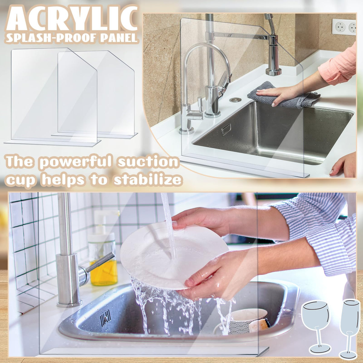 2 Pcs Clear Acrylic Sink Splash Guard with Suction Cup Freestanding Panel Barrier 15.35" x 4.5" x 14.01" Barrier Kitchen Guard Protective Splatter Barrier for Home Hospitals