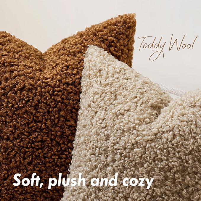Faux Fur Throw Pillow Covers 20x12 Inch Set of 2 Boucle Neutral Decorative