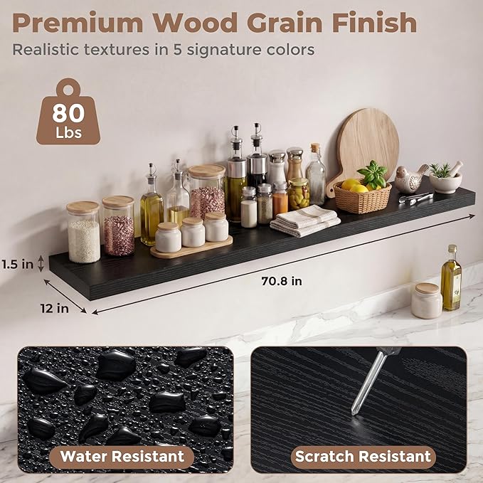 12 inch Deep Floating Shelves for Wall, 72 inch Wide Engineered Wood Wall