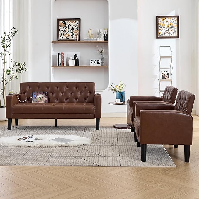 TYBOATLE 62" W Leather Loveseat w/Chairs, 3 Piece Sofa Sets