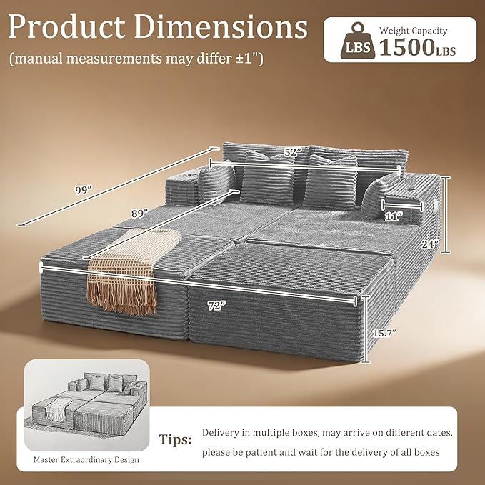 72" Cloud Sectional Couch, Comfort Sleep Sofa