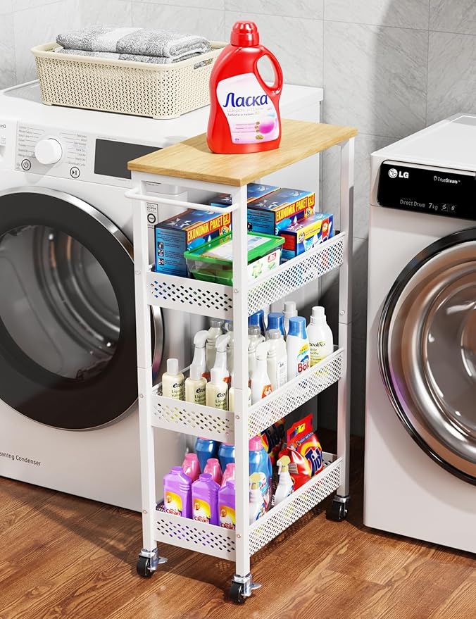 OKZEST Utility Slim Storage Cart, 4-Tier Narrow Bathroom Organizers and Storage
