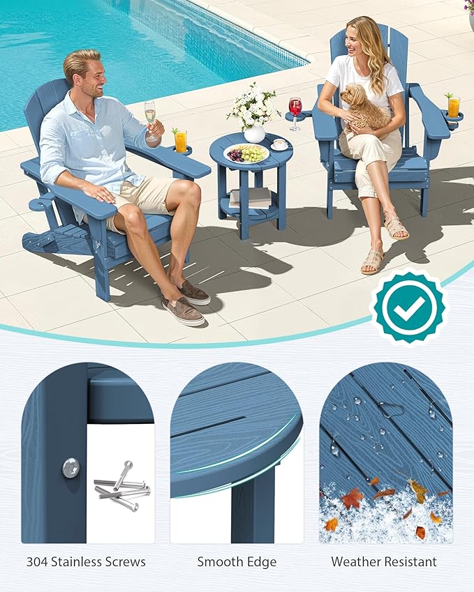 SERWALL Round Outdoor Side Table Set of 2, HDPE Small Adirondack Double End