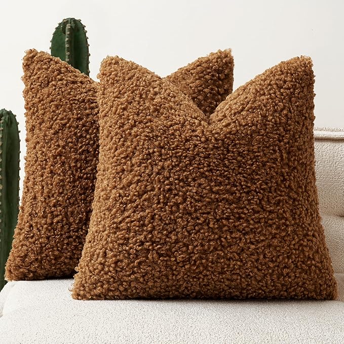 Faux Fur Throw Pillow Covers 18x18 Inch Set of 2 Boucle Neutral Decorative