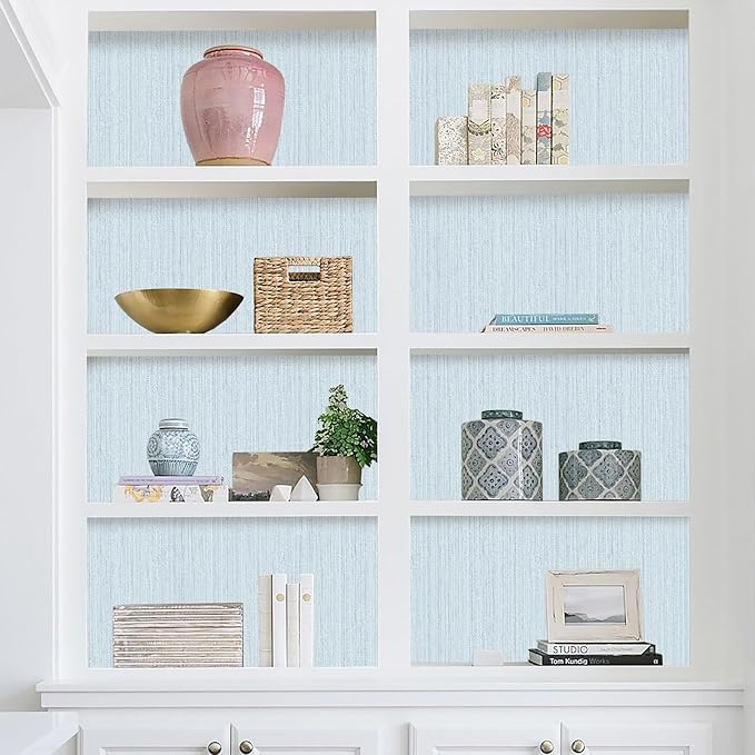 Light Blue Textured Grasscloth Peel and Stick Wallpaper, Waterproof Removable