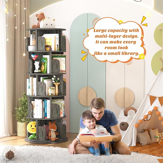 Aheaplus Rotating Bookshelf, 360 Display Wood Spinning Bookshelf Tower