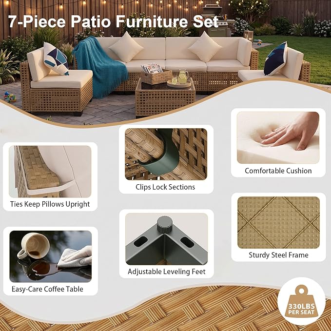 KIGOTY 7-Piece Patio Furniture Set, All-Weather PE Rattan Outdoor Sectional Sofa