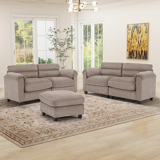 HAOMARKETS Corduroy Sofa Set, Upholstered Ottoman, Loveseat Set of 2with Plush
