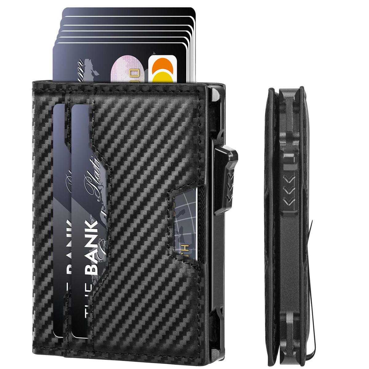 Vandz Wallet for Men, Minimalist Slim Wallet, Smart Pop Up Case RFID Blocking Bifold Wallet Credit Card Holder with Money Clip (Carbon Fiber Black)